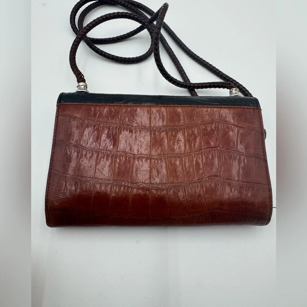 BRIGHTON Large Wallet Organizer Black Brown Croc Embossed Roped Chain